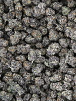 Close-up of Black Bow Indoor Exotic Smalls Indica THCa Smalls buds with a frosty texture | August Cannabis Club