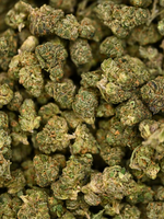 Close-up of Jack Herrer THCa Exotic Smalls showing crystal trichomes and bright orange hairs | August Cannabis Club