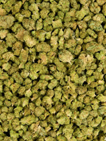 Close-up of Turtle Pie THCa Greenhouse Smalls showing crystal trichomes and bright orange hairs | August Cannabis Club